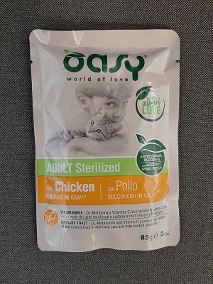 WET CAT BOCCONCINI ADULT STERILIZED POLLO BUSTA 85 G OASY