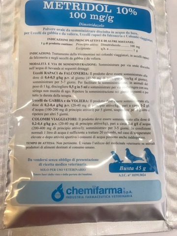METRIDOL 10% 100 mg/g BUSTA DA g 45 PER UCCELLI con tricomoniasi