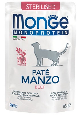 MONOPROTEICO BUSTA CAT STERILISED MANZO GR 85 MONGE