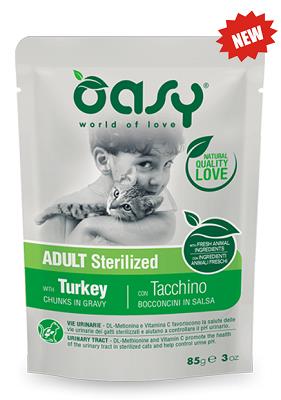 WET CAT BOCCONCINI ADULT STERILIZED TACCHINO BUSTA 85 G OASY