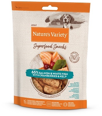 SUPERFOOD SNACKS GR 85 SALMONE E PESCE BIANCO CON MIRTILLI ROSSI E ALGHE NATURE'