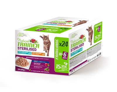 CAT MULTIPACK STERILISED 24X85 GR MERLUZZO E TACCHINO NATURAL TRAINER