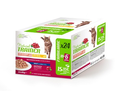 CAT MULTIPACK 24X85 GR SALMONE E POLLO NATURAL TRAINER