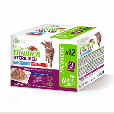 CAT MULTIPACK STERILISED 12X85 GR TONNO E MANZO NATURAL TRAINER