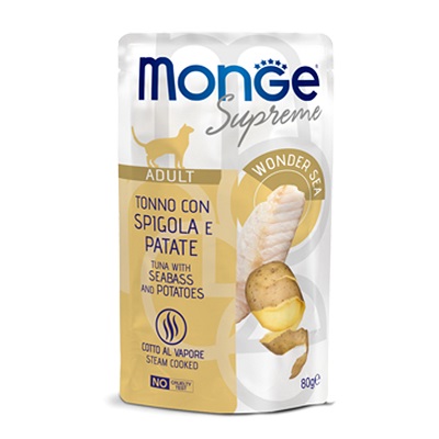 CAT BUSTA SUPREME ADULT TONNO, SPIGOLA, PATATE GR 80 MONGE
