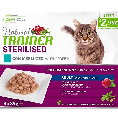 FLOWPACK STERILISED CAT BUSTA 4X85G MERLUZZO NATURAL TRAINER