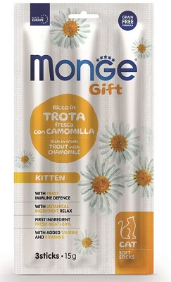 GIFT CAT 3 SOFT STICKS KITTEN TROTA/CAMOMILLA GR 15 MONGE
