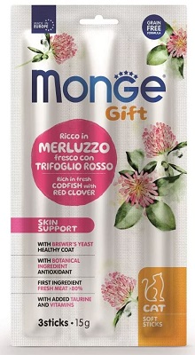 GIFT CAT 3 SOFT STICKS SKIN SUPPORT MERLUZZO/TRIFOGLIO ROSSO GR 15 MONGE