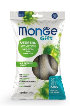 GIFT DOG 4 DENTAL SPONGES STICKS ALL BREEDS ADULT VEGETAL/CLORELLA GR 210 MONGE